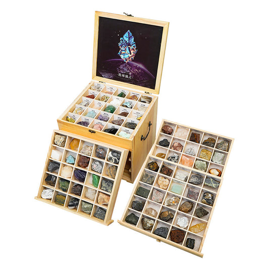 Natural Crystal Rough Stone Wooden Box Set